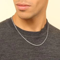 Sterling Silver 3.5mm Greek Box Pave Chain Necklace -Fashion Accessories Store sterling silver greek box pave chain male model near view tchgrbxp35 0423 2000q6