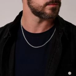 Sterling Silver 3.7mm Diamond Cut Marina Chain Necklace -Fashion Accessories Store sterling silver marina mariner chain male model close view tchma37 2000q6