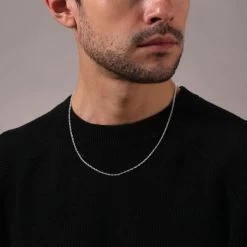 Sterling Silver 2mm Loose Rope Prince Of Wales Chain Necklace -Fashion Accessories Store sterling silver prince wales chain male model close view tchlrpw2 2000q6