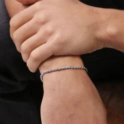 Sterling Silver 2.8mm Diamond Cut Rope Bracelet -Fashion Accessories Store sterling silver rope bracelet male model far view tchbrro28 2000q6
