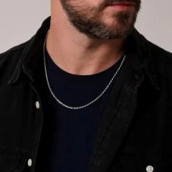 Sterling Silver 2.8mm Diamond Cut Rope Chain Necklace -Fashion Accessories Store sterling silver rope chain male model close view tchro28 2000q6