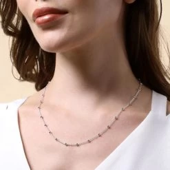 Sterling Silver 1.3mm Cable Chain Bobble Necklace With Round Ball Beads -Fashion Accessories Store sterling silver round bead chain female model close view tchfzrbd 2000q6