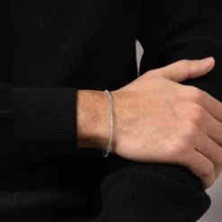 Sterling Silver 2mm Rounded Box Link Bracelet -Fashion Accessories Store sterling silver round box bracelet male model close view tchbrbxr2 2000q6 2