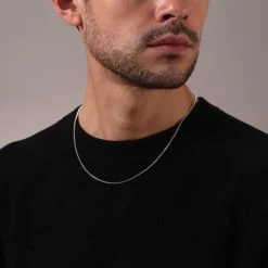 Sterling Silver 2mm Rounded Box Chain Necklace -Fashion Accessories Store sterling silver round box chain male model close view tchbxr2 2000q6