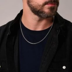 Sterling Silver 3.7mm Rounded Box Chain Necklace Thick -Fashion Accessories Store sterling silver round box chain male model close view tchbxr37 2000q6