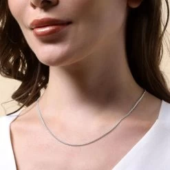 Sterling Silver 1.3mm Spiga Wheat Chain Necklace -Fashion Accessories Store sterling silver spiga chain female model close view tchsp13 2000q6