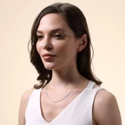 Sterling Silver 1.3mm Spiga Wheat Chain Necklace -Fashion Accessories Store sterling silver spiga chain female model far view tchsp13 2000q6