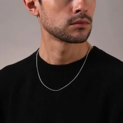 Sterling Silver 1.9mm Spiga Wheat Chain Necklace -Fashion Accessories Store sterling silver spiga chain male model close view tchsp19 2000q6