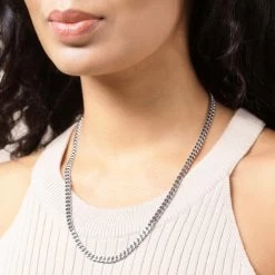 Sterling Silver 4.2mm Diamond Cut Square Curb Chain Necklace -Fashion Accessories Store sterling silver square curb chain female model near vw tchcbsq42 2000q6