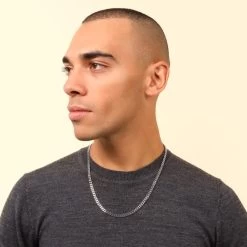 Sterling Silver 4.2mm Diamond Cut Square Curb Chain Necklace -Fashion Accessories Store sterling silver square curb chain male model far view tchcbsq42 0423 2000q6