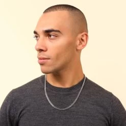 Sterling Silver 4.7mm Diamond Cut Square Curb Chain Necklace 14 Sterling Silver 4.7mm Diamond Cut Square Curb Chain Necklace -Fashion Accessories Store sterling silver square curb chain male model far view tchcbsq47 0423 2000q6