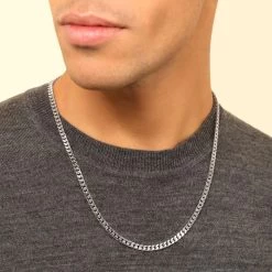 Sterling Silver 4.2mm Diamond Cut Square Curb Chain Necklace -Fashion Accessories Store sterling silver square curb chain male model near view tchcbsq42 0423 2000q6