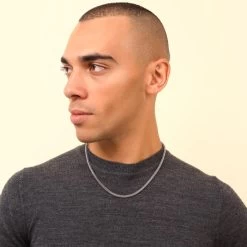 Sterling Silver 3.1mm Diamond Cut Foxtail Chain Necklace -Fashion Accessories Store sterling silver square foxtail chain male model far view tchfo31 0423 2000q6