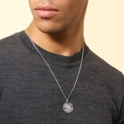 Sterling Silver 24mm Round St Christopher Necklace With Curb Chain