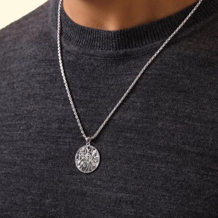 Sterling Silver 24mm Round St Christopher Necklace With Rope Chain 2 Sterling Silver 24mm Round St Christopher Necklace With Rope Chain - Image 2