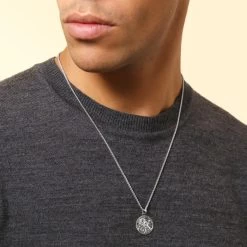 Sterling Silver 20mm Round St Christopher Necklace With Spiga Chain