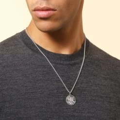 Sterling Silver 24mm Round St Christopher Necklace With Spiga Chain