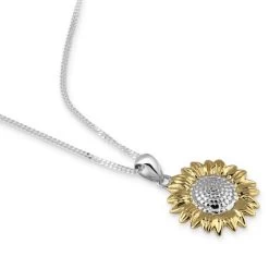 Sterling Silver Gold Plated SUNFLOWER Necklace With Curb Chain -Fashion Accessories Store sterling silver sunflower necklace with chainb angle